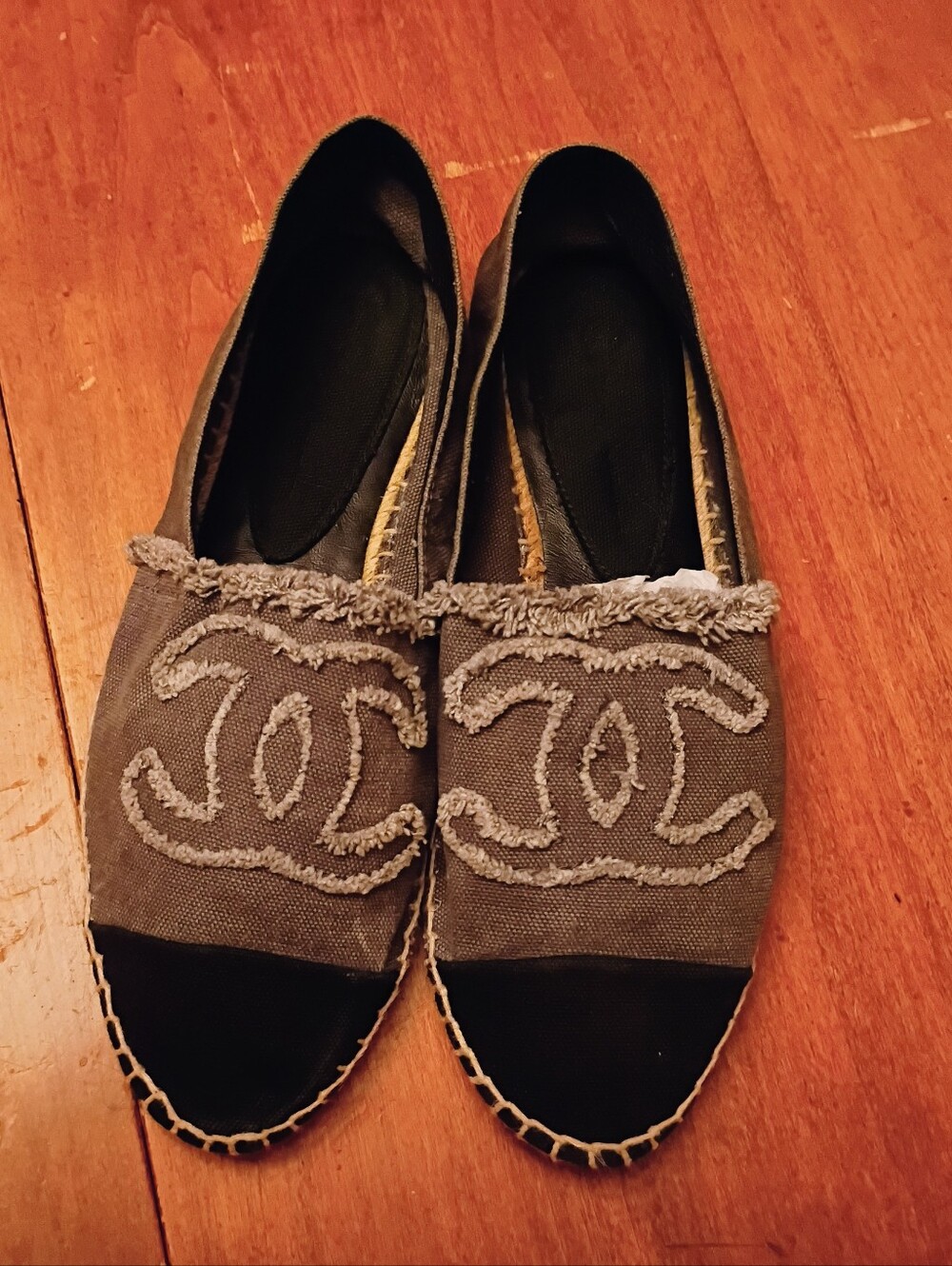 CHANEL Gray Canvas Espadrilles with Black Toe Cap